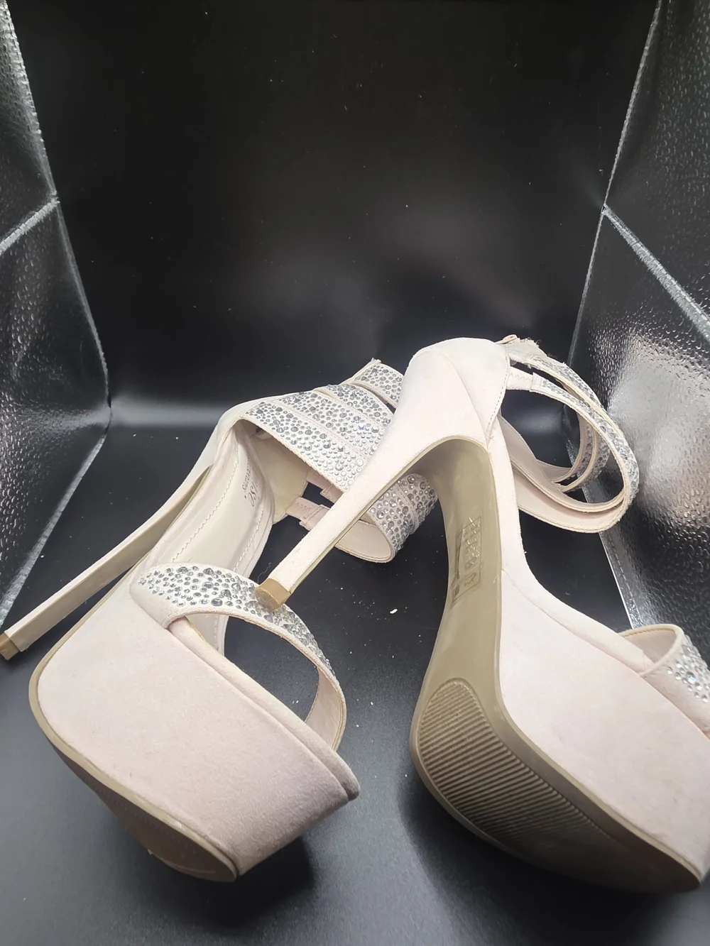 Shoe Dazzle Embellished Blush Platform Heels with Ankle Straps